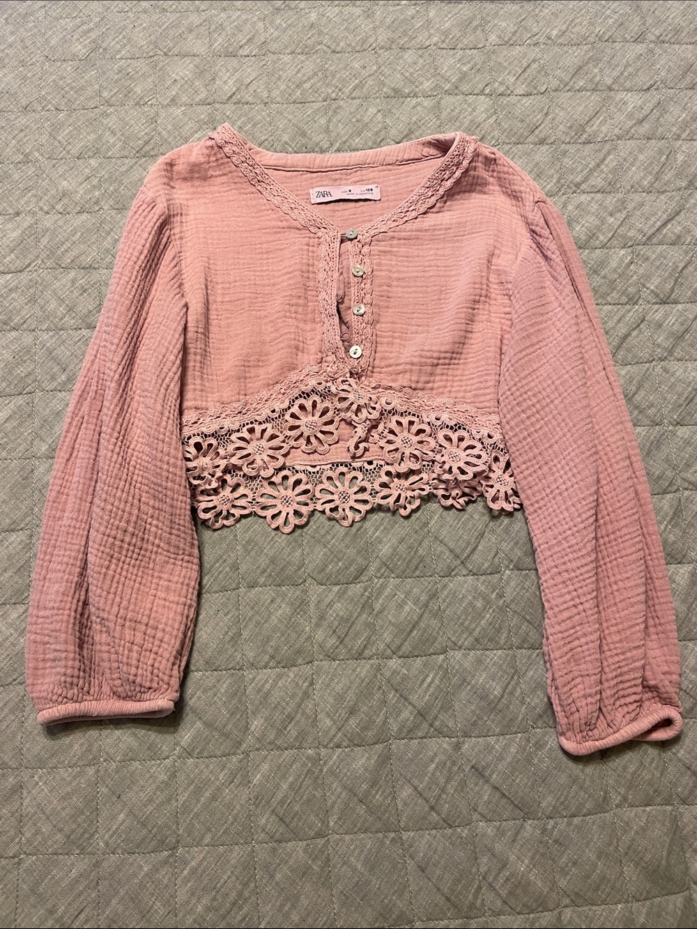 ZARA Pink Crochet-Trim Cropped Peasant Blouse